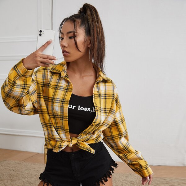 

Drop Shoulder Curved Hem Tartan Blouse, Multicolor