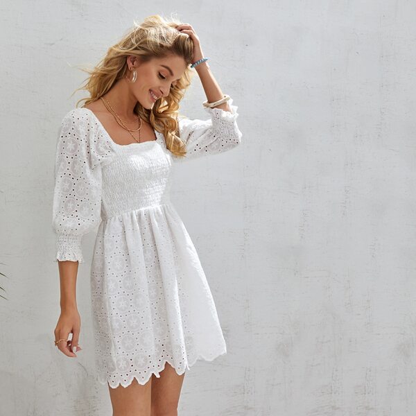 

Scallop Trim Shirred Schiffy Dress, White