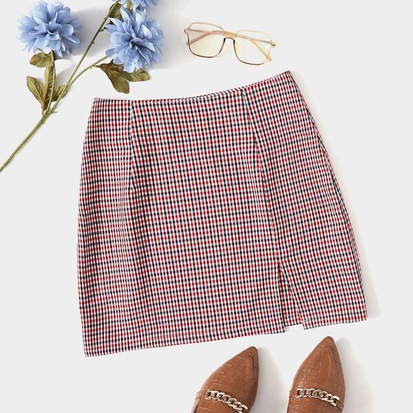 

Split Hem Plaid Skirt, Multicolor