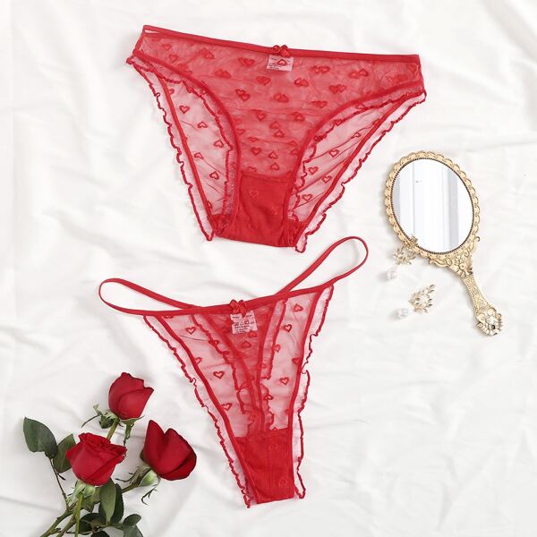 

2pack Plus Heart Pattern Mesh Panty Set, Red