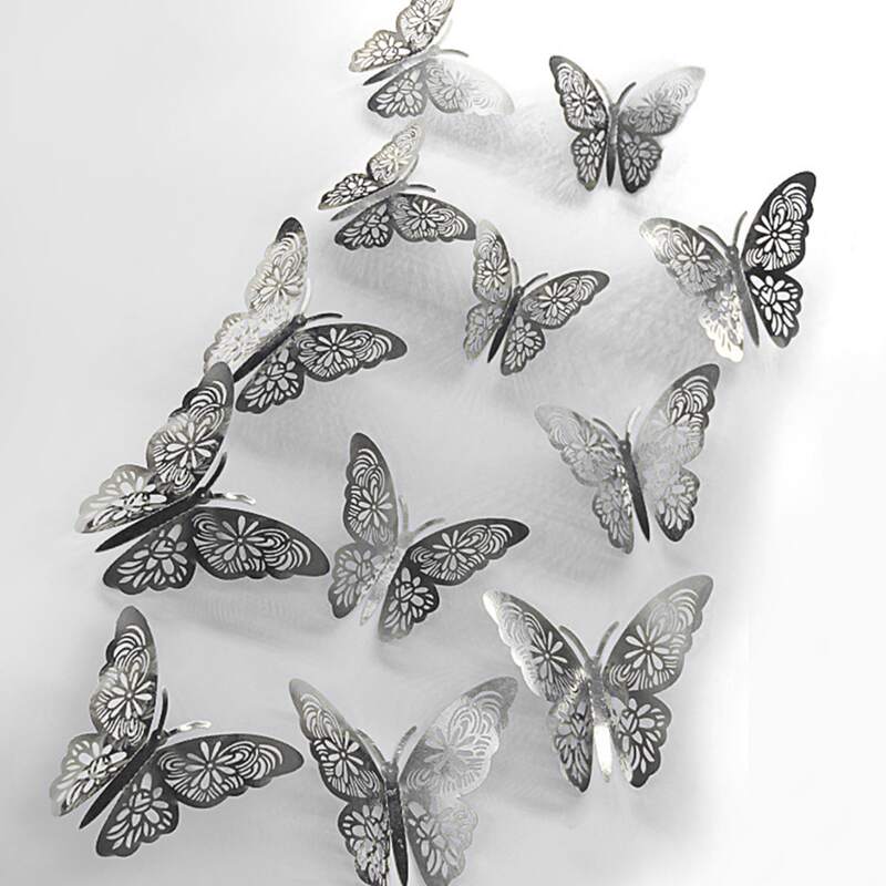 

12pcs 3D Hollow Butterfly Wall Sticker, Silver