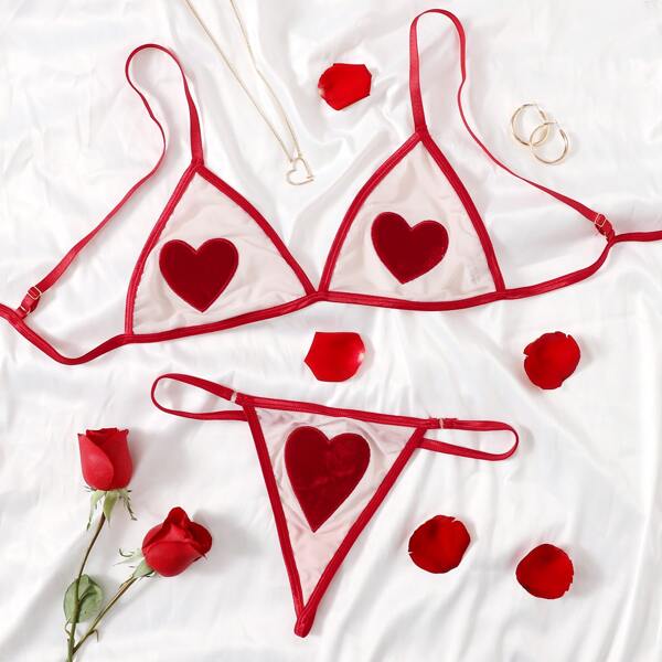

Plus Heart Appliques Mesh Lingerie Set, Red and white