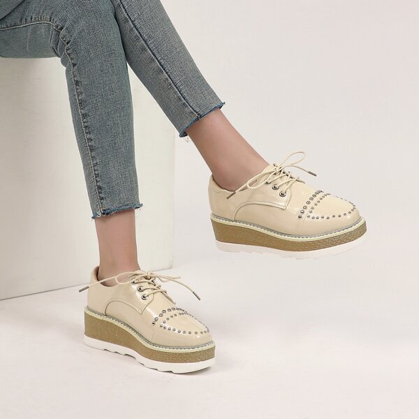 

Studded Decor Lace-up Front Court Wedges, Beige