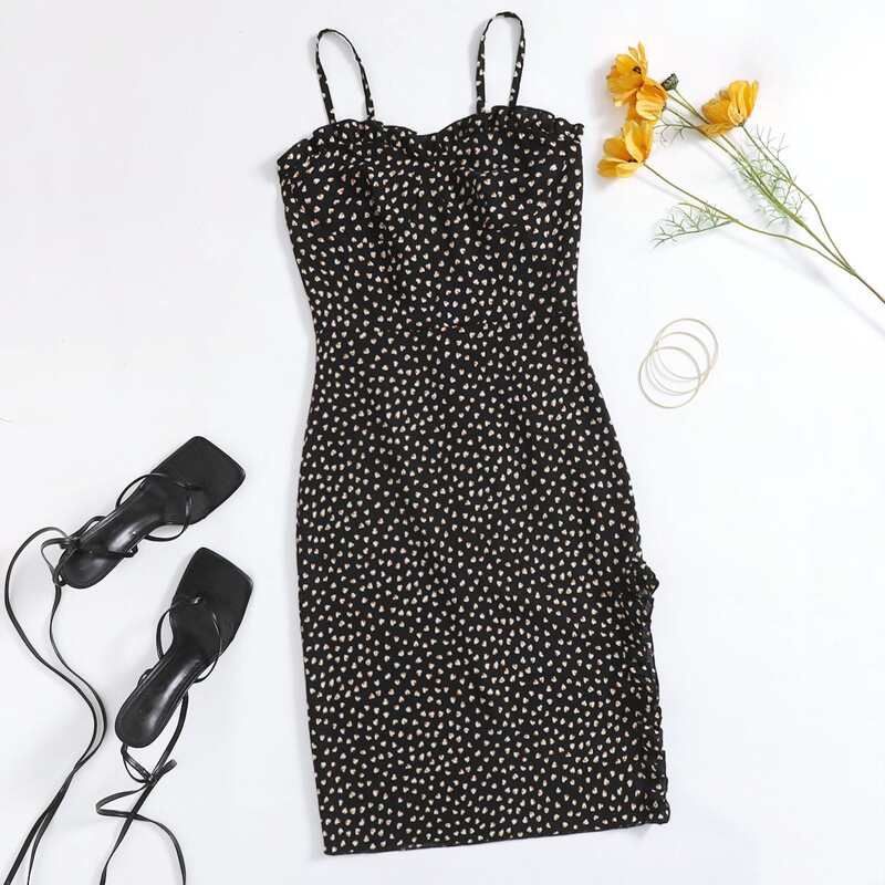 

Frill Trim Allover Heart Print Dress, Black