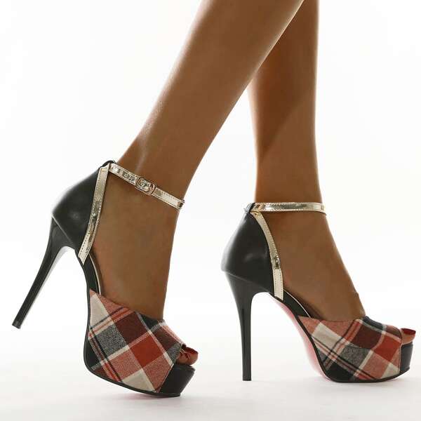 

Peep Toe Plaid Stiletto Heeled Pumps, Black