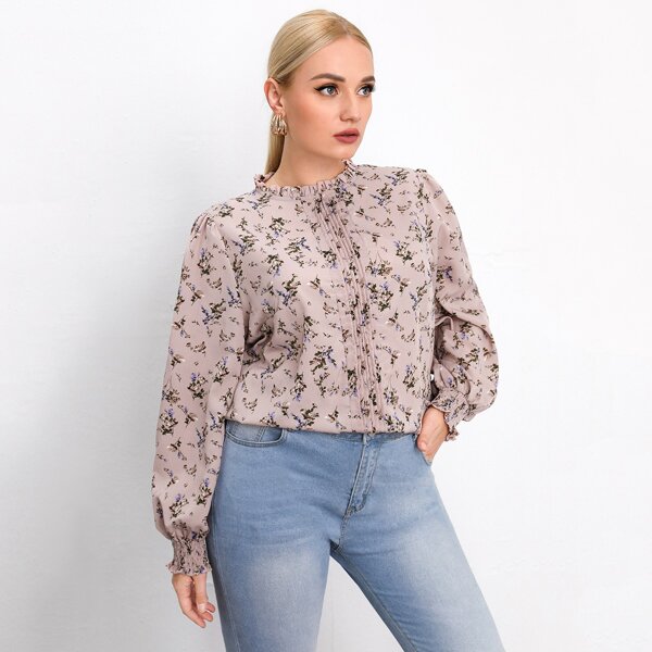 

Plus Frilled Neck and Cuff Pleated Front Shirred Panel Top, Dusty pink