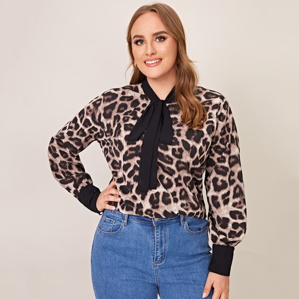 

Plus Tie Neck Leopard Print Blouse, Multicolor