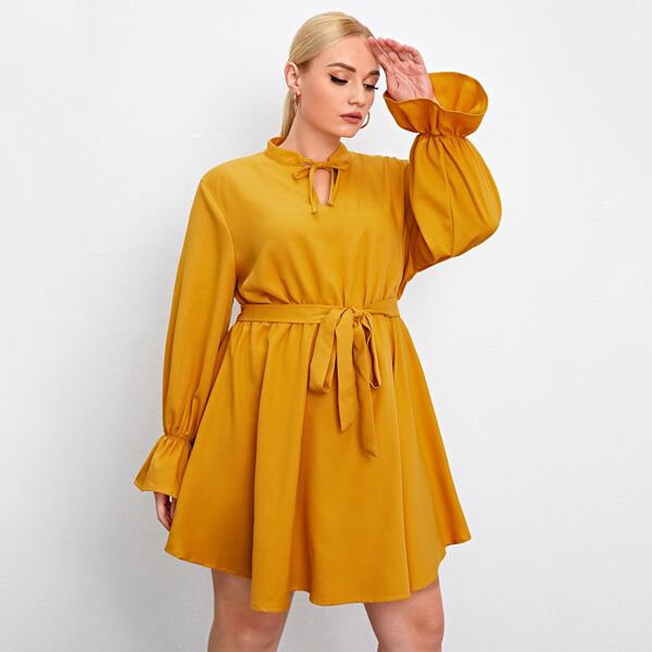 

Plus Tie Neck Bell Sleeve Self Belted Dress, Mustard yellow