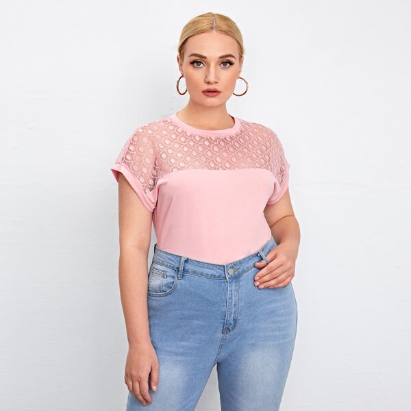 

Однотонный топ размера плюс с кружевной вставкой, Нежний розовый