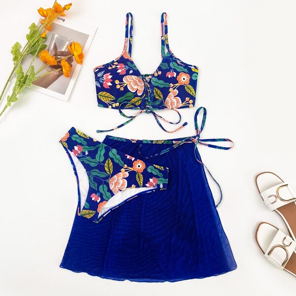 

3pack Floral Lace-up Front Bikini Swimsuit & Beach Skirt, Multicolor
