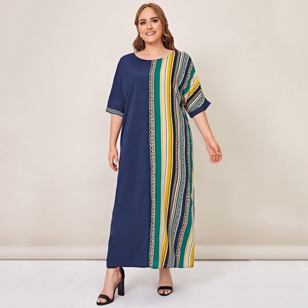 

Plus Geo And Striped Print Tunic Dress, Multicolor