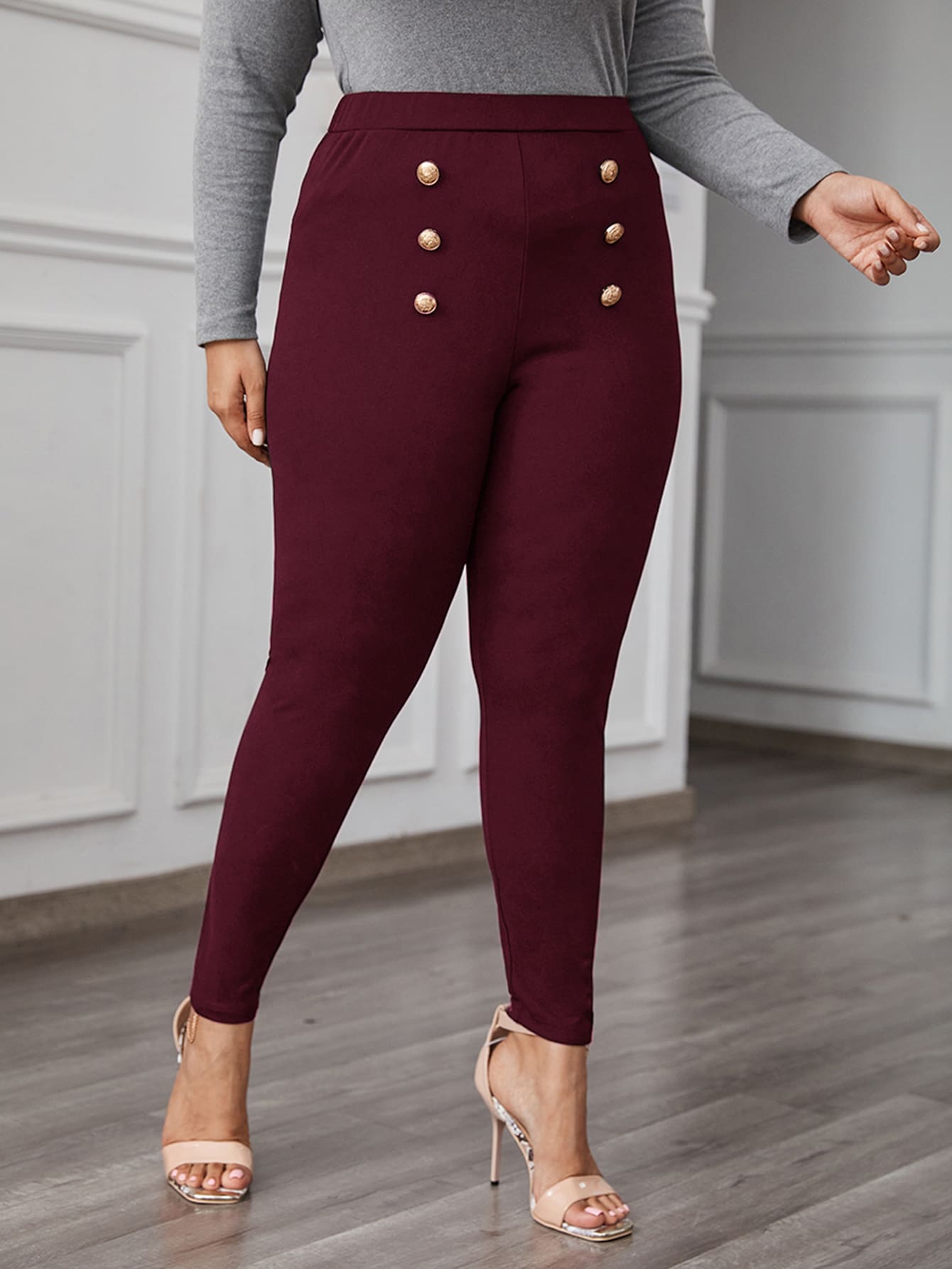 Plus Elastic Waist Gold Button Detail Leggings thumbnail