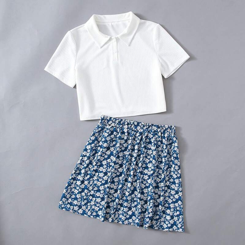 

Solid Polo Ribbed Tee & Ditsy Flower Skirt, Blue and white
