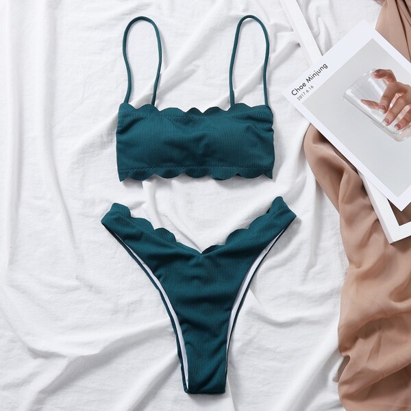 

Rib Scallop Trim Bikini Swimsuit, Teal blue