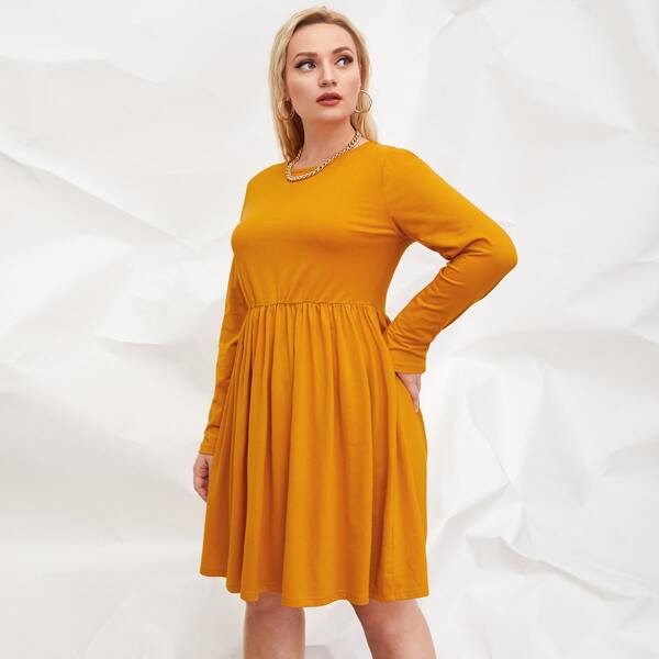 

Plus Round Neck Solid Dress, Mustard yellow