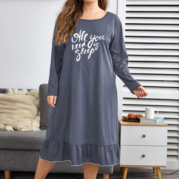 

Plus Slogan Graphic Ruffle Hem Night Dress, Dusty blue