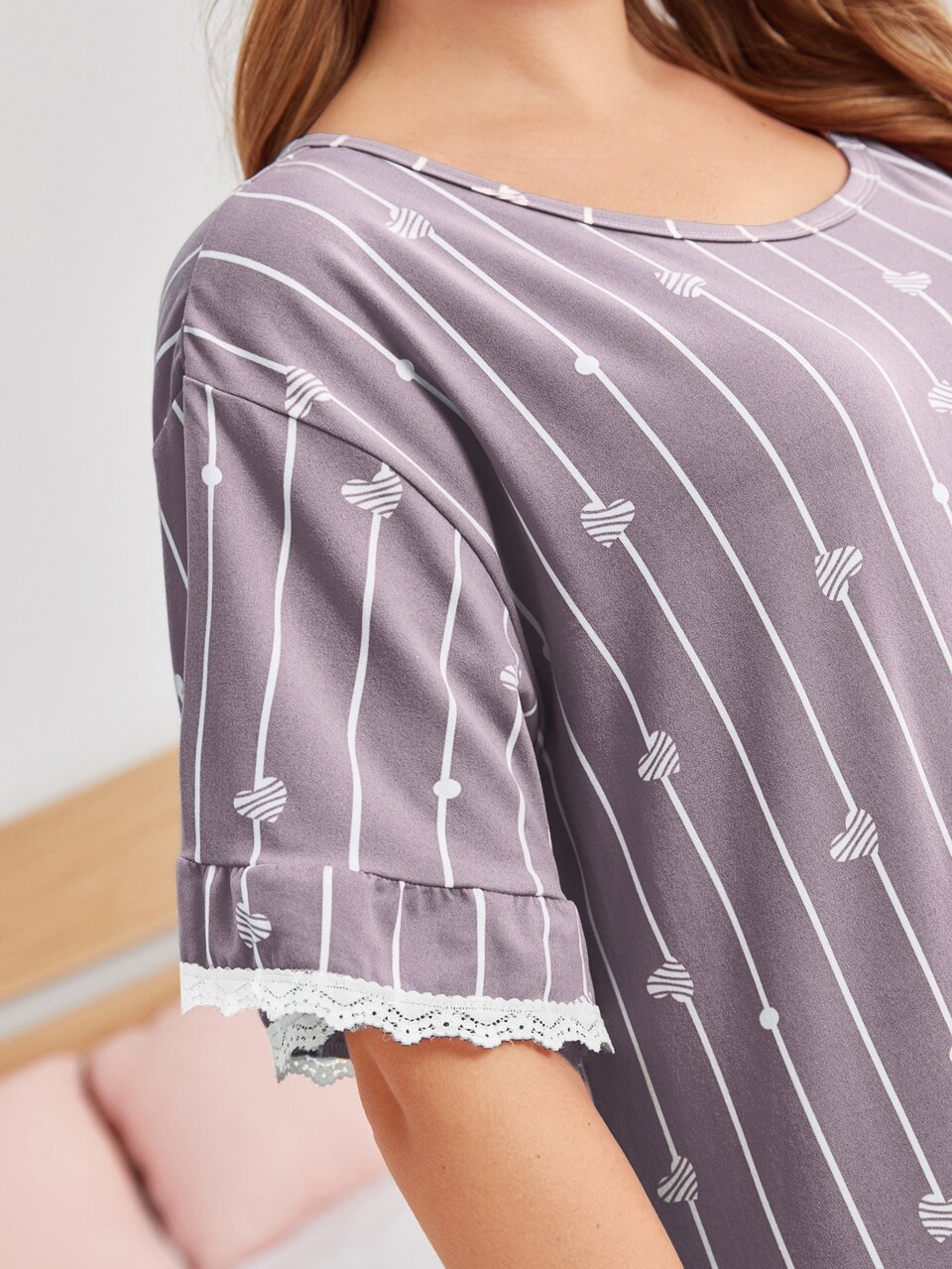 Plus Heart & Striped Print Ruffle Hem Pajama Night Dress