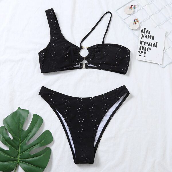 

Eyelet Embroidered Ring Linked Bikini Swimsuit, Black