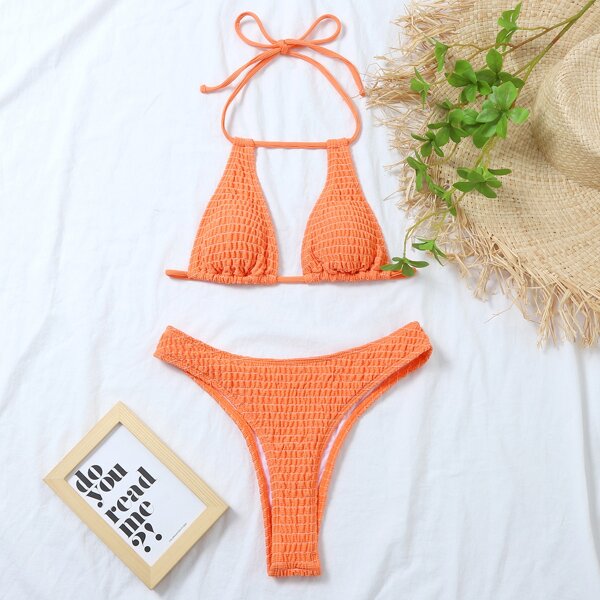 

Plain Smocked Bikini Swimsuit, Coral orange
