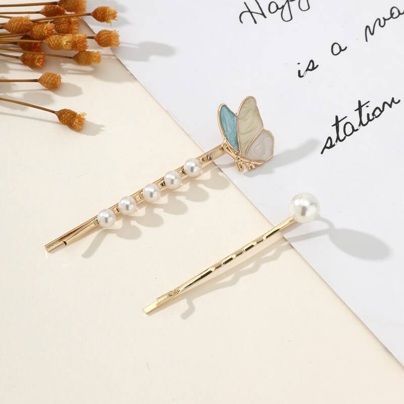 

2pcs Faux Pearl & Butterfly Hair Clip, Multicolor