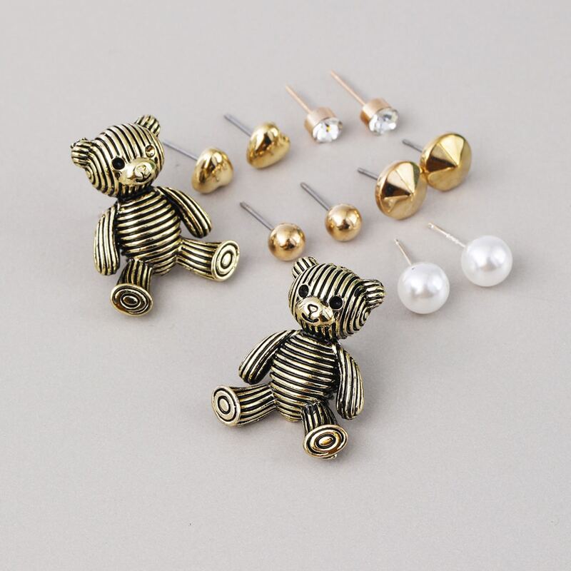 

6pairs Bear Design Earring Set, Multicolor