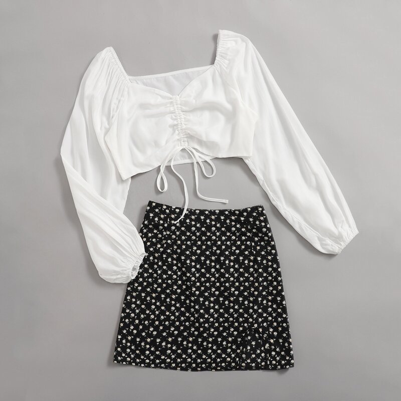 

Drawstring Crop Top & Ditsy Floral Skirt, Black and white