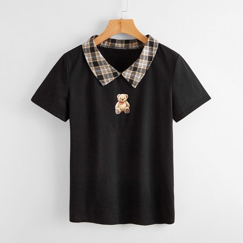 

Bear Print Plaid-collar Tee, Black