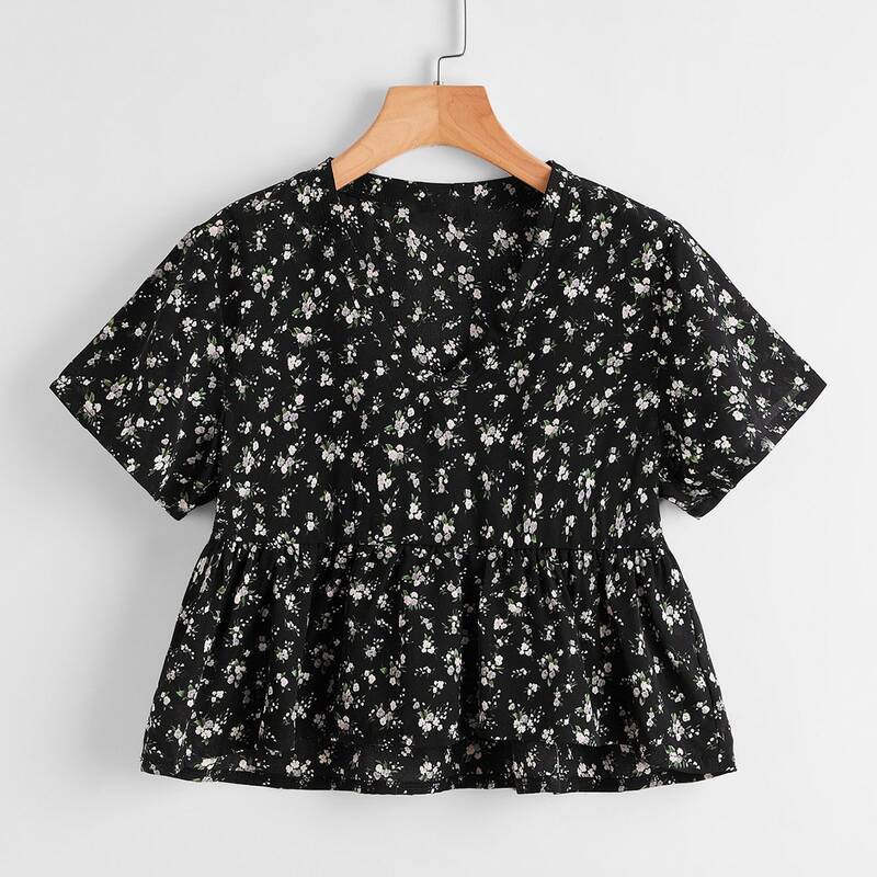 

Ditsy Floral Peplum Blouse, Black