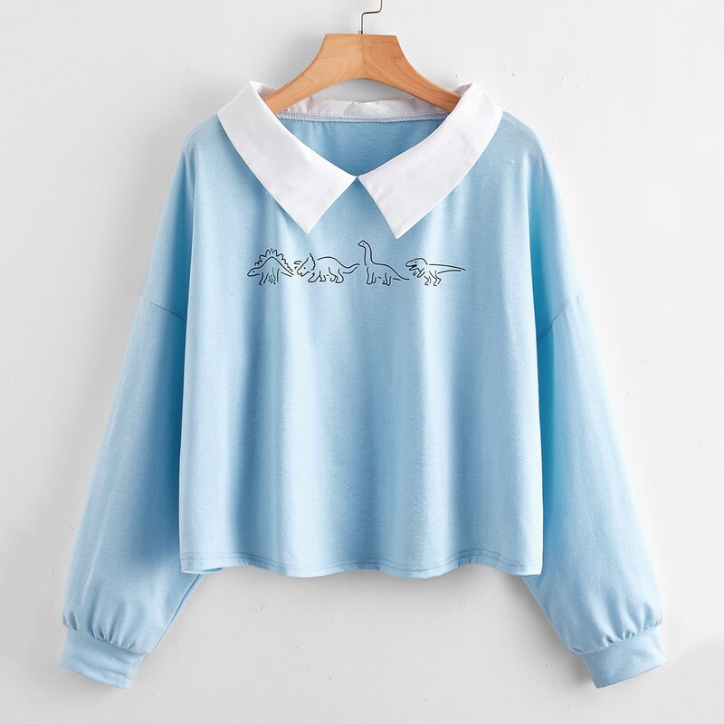 

Contrast Collar Dinosaur Print Tee, Baby blue