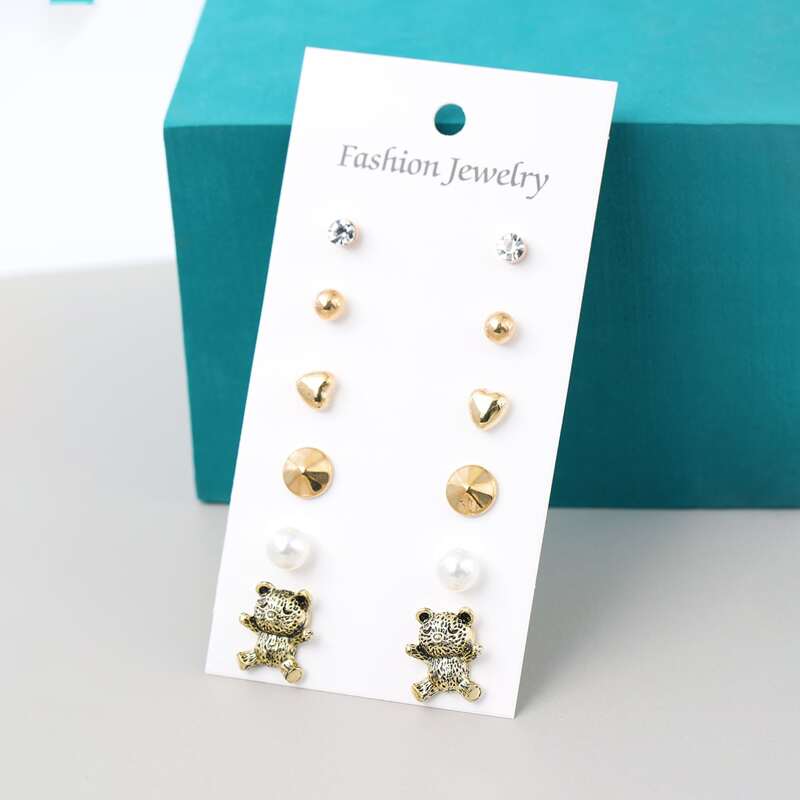 

6pairs Bear Design Earring Set, Multicolor