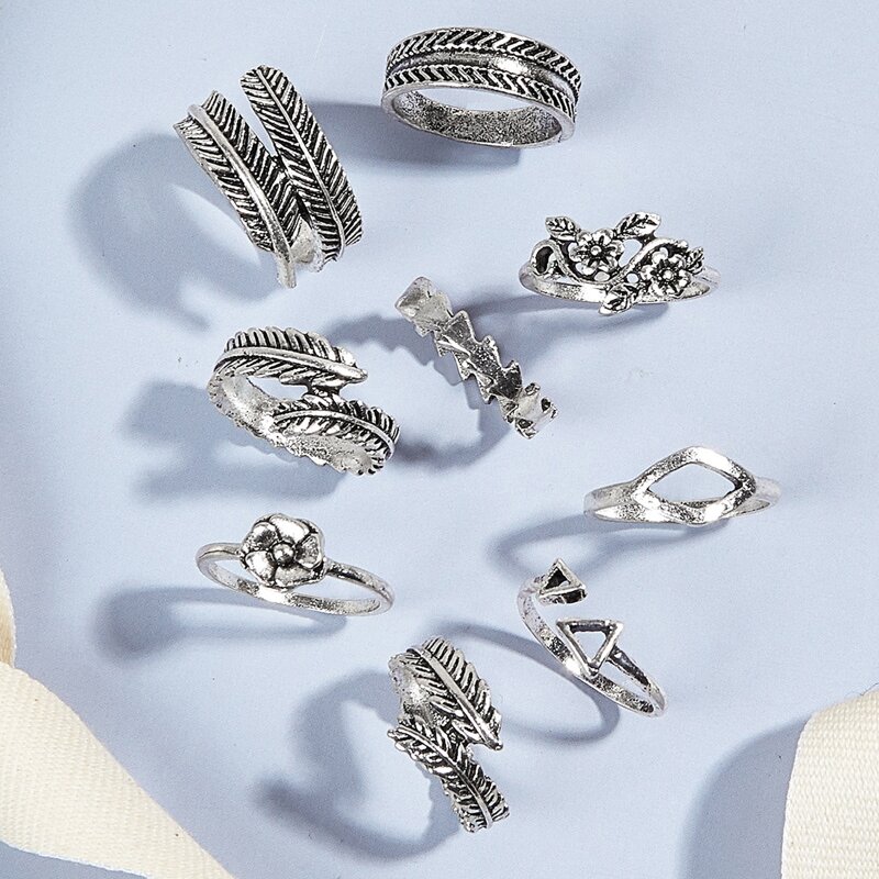 

9pcs Leaf Decor Ring Set, Silver