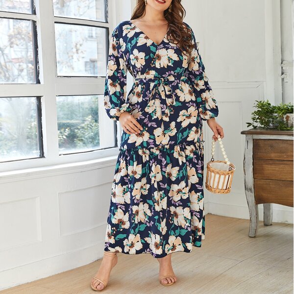 

Plus Allover Floral Print Ruffle Hem Belted Dress, Multicolor