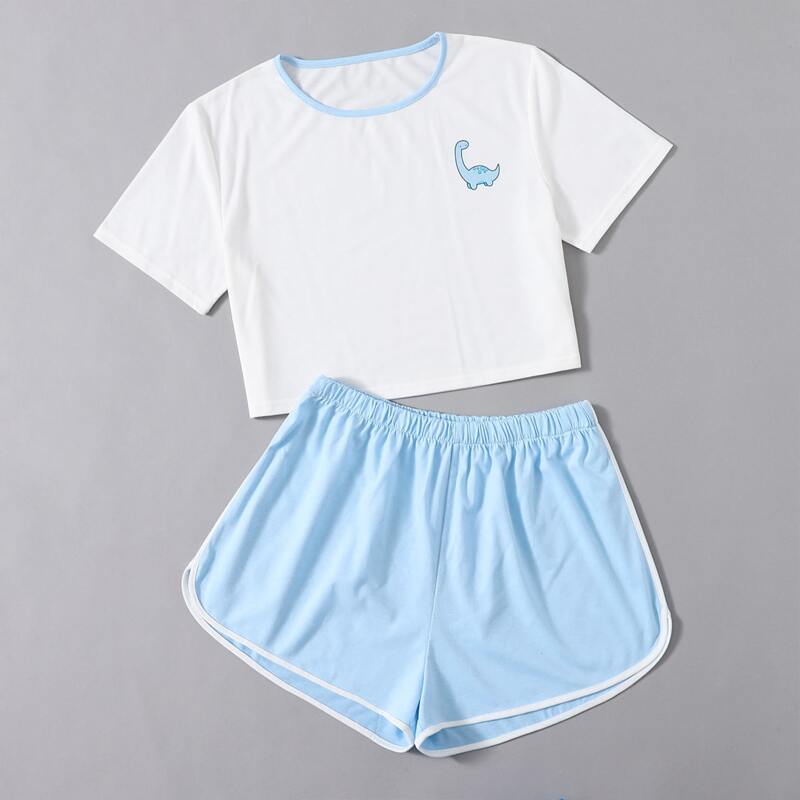 

Dinosaur Graphic Tee & Dolphin Shorts, Blue and white
