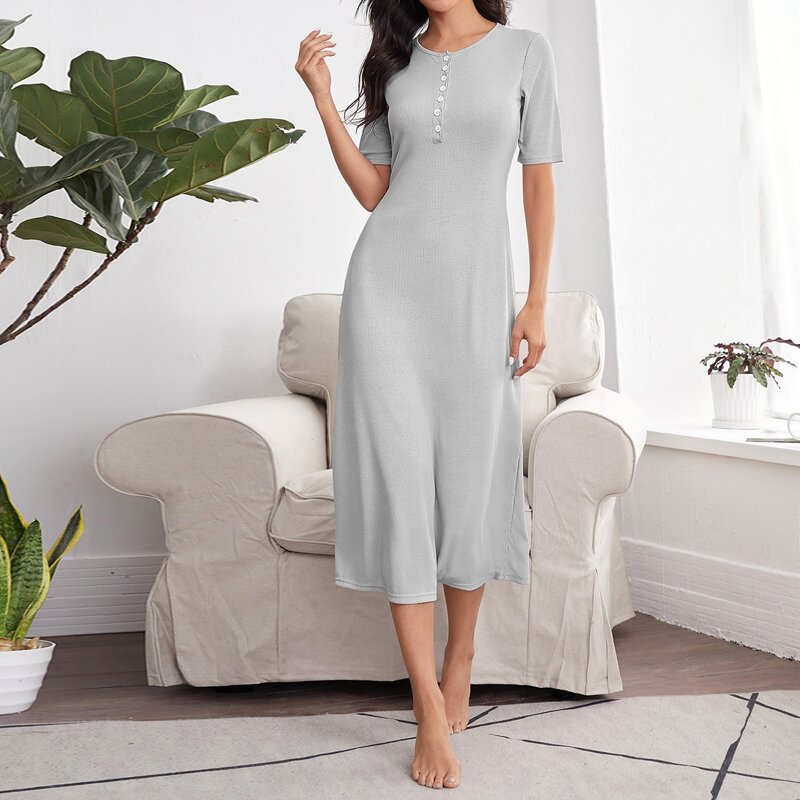 Half Button Solid Lounge Dress, Light grey