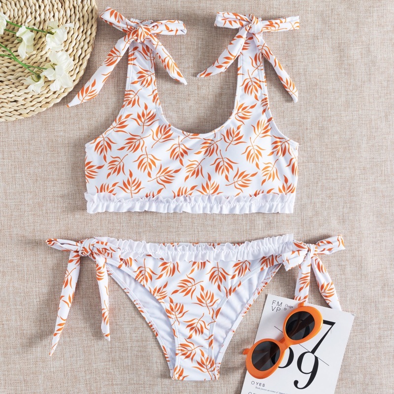 

Leaf Print Tie Side Bikini Swimsuit, Multicolor
