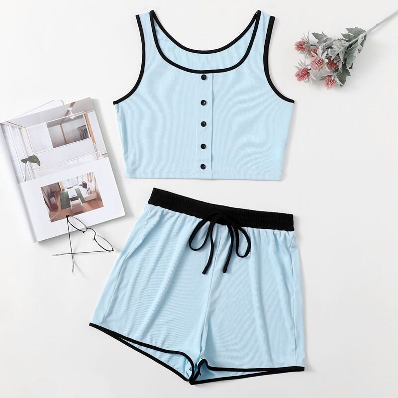 

Knot Front Contrast Binding Lounge Set, Baby blue