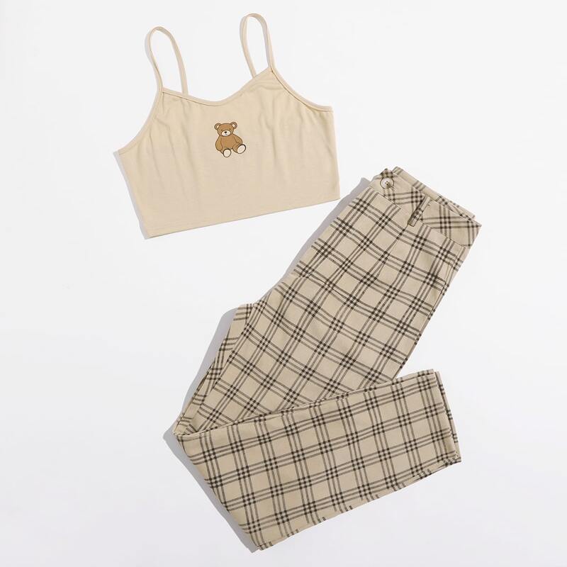 

Cartoon Bear Cami & Plaid Pants, Khaki