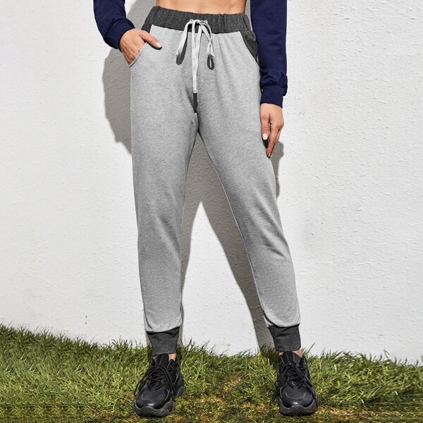 

Contrast Panel Drawstring Sports Pants, Light grey