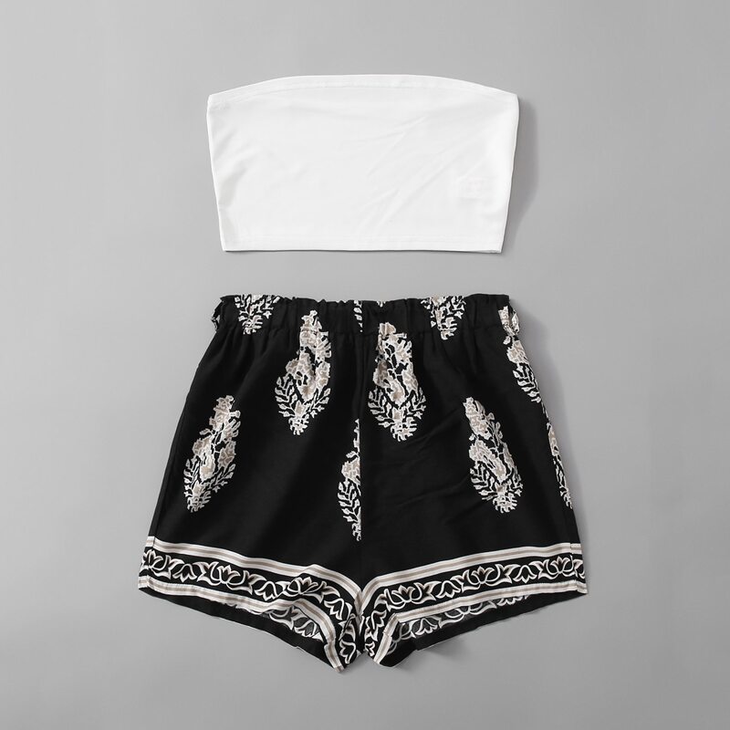 

Tube Crop Top & Plants Print Shorts, Black and white
