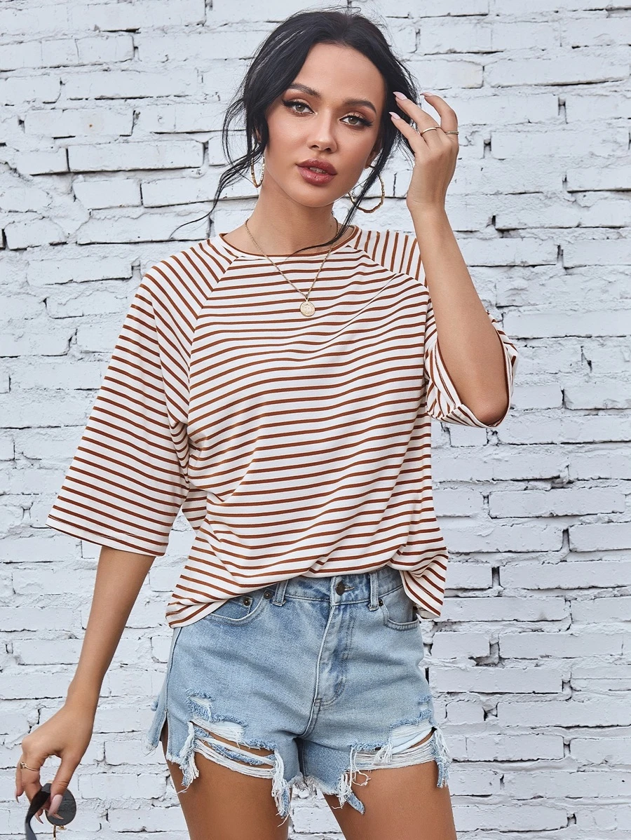 Raglan Sleeve Striped Print Tee - Multicolor - View 1