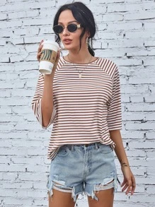 Raglan Sleeve Striped Print Tee - Multicolor - View 3