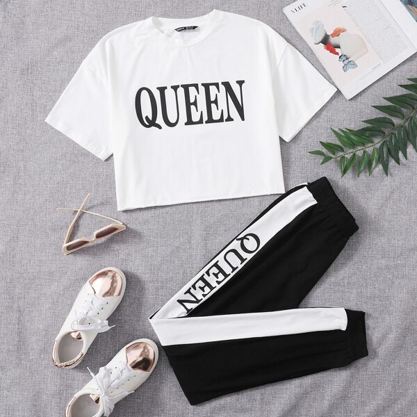 

Letter Graphic Crop Top & Pants Set, Black and white