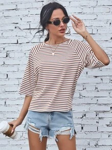 Raglan Sleeve Striped Print Tee - Multicolor - View 6