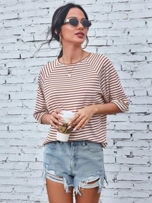 Raglan Sleeve Striped Print Tee - Multicolor - View 7