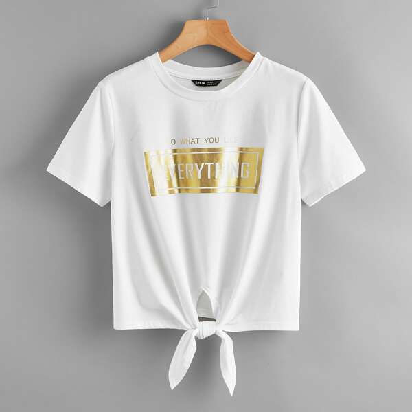 

Tie Hem Gold Slogan Graphic Panel Top, White