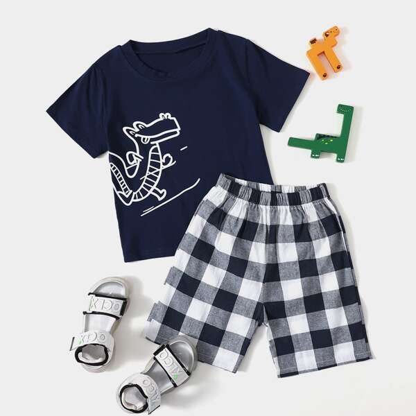 

Toddler Boys Dinosaur Print Tee & Gingham Shorts, Blue and white