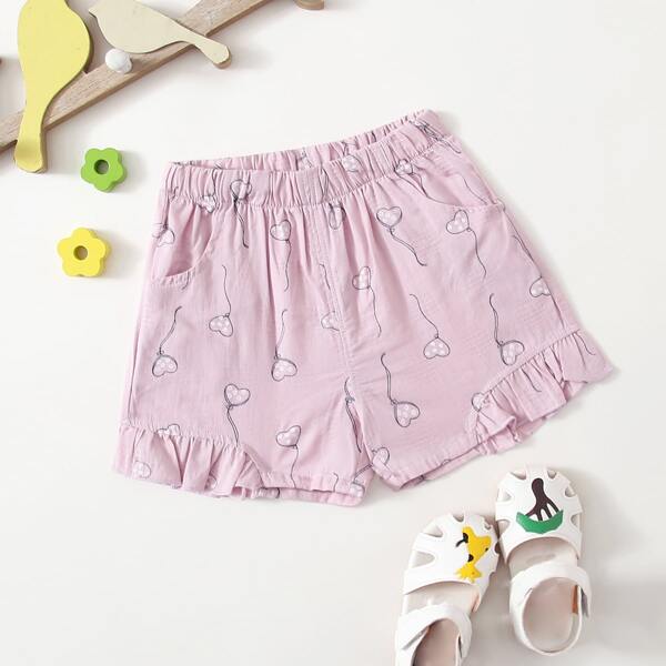 

Toddler Girls Heart Print Ruffle Hem Shorts, Baby pink