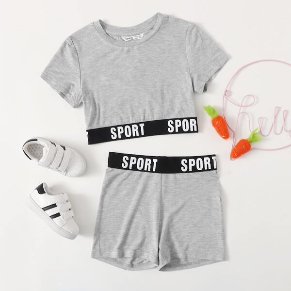 

Girls Letter Tape Detail Tee and Biker Shorts Set, Light grey