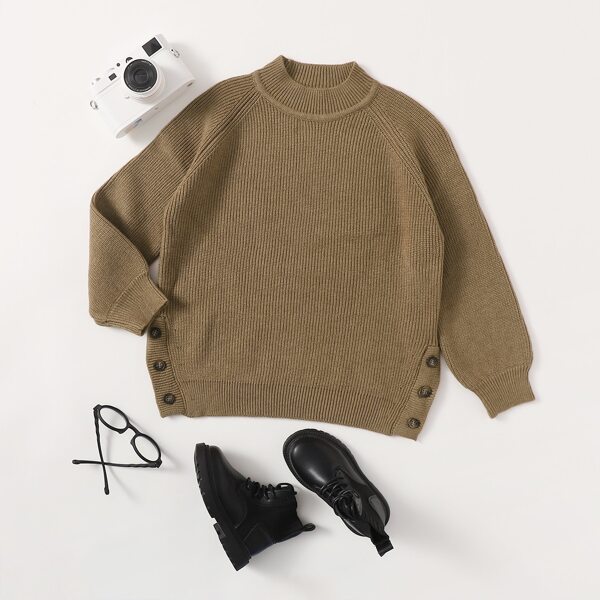 

Boys Raglan Sleeve Buttoned Hem Sweater, Mocha brown