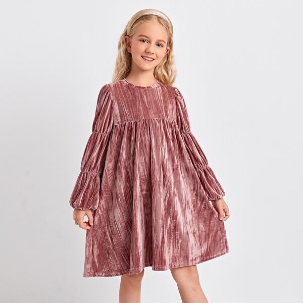 

Girls Gathered Sleeve Velvet Dress, Dusty pink